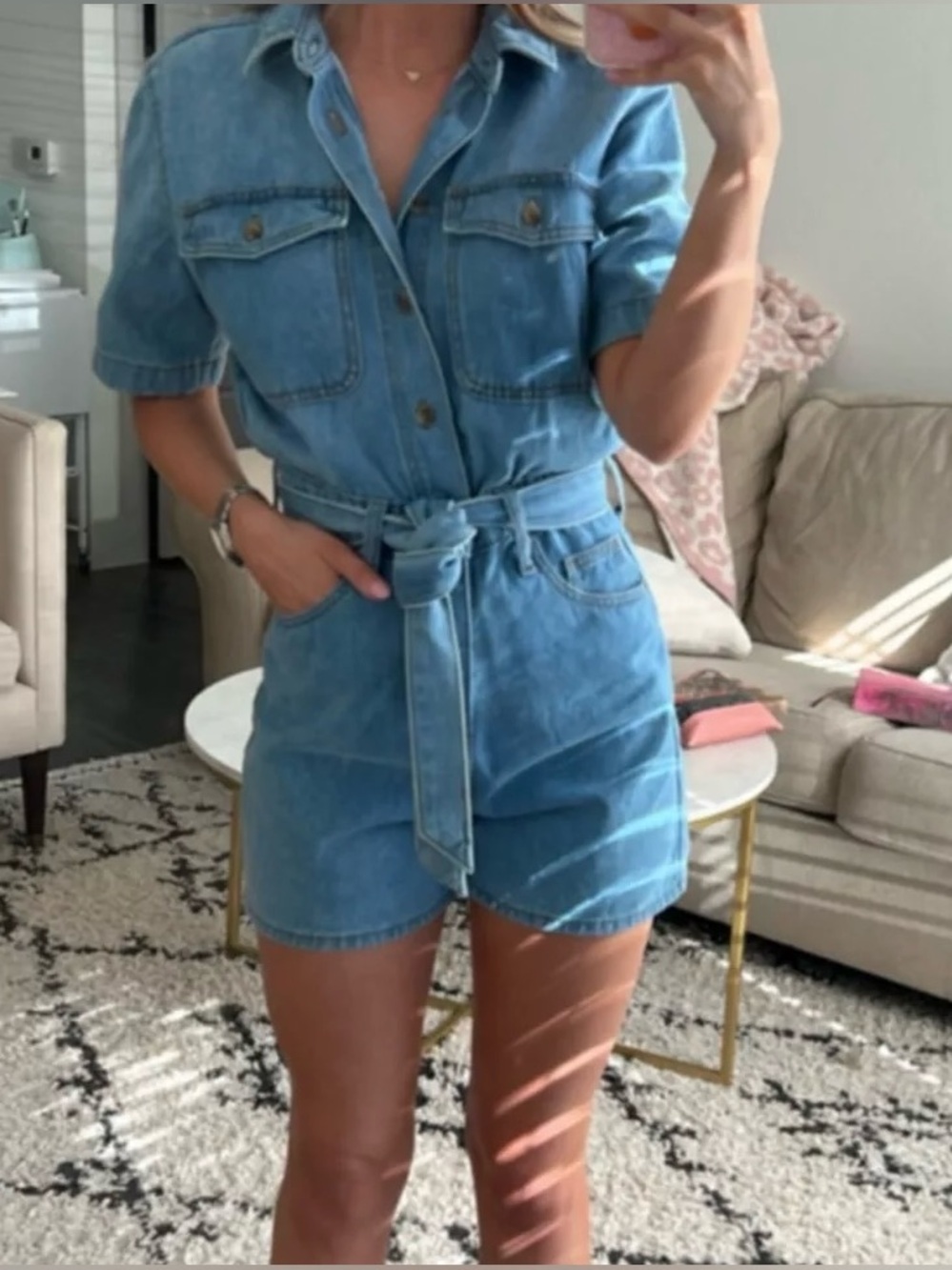 light blue denim romper